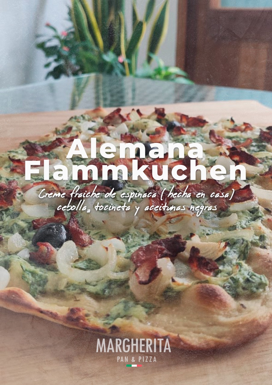 Flammkuchen Alemana con creme fraiche y aceitunas